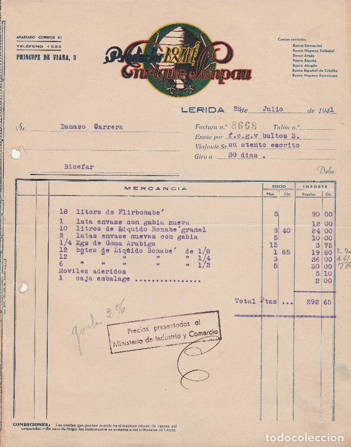 Factures anciennes: FACTURA. PRODUCTOS BONAB&Eacute;. ENRIQUE SENPAU.  L&Eacute;RIDA. 1941.
