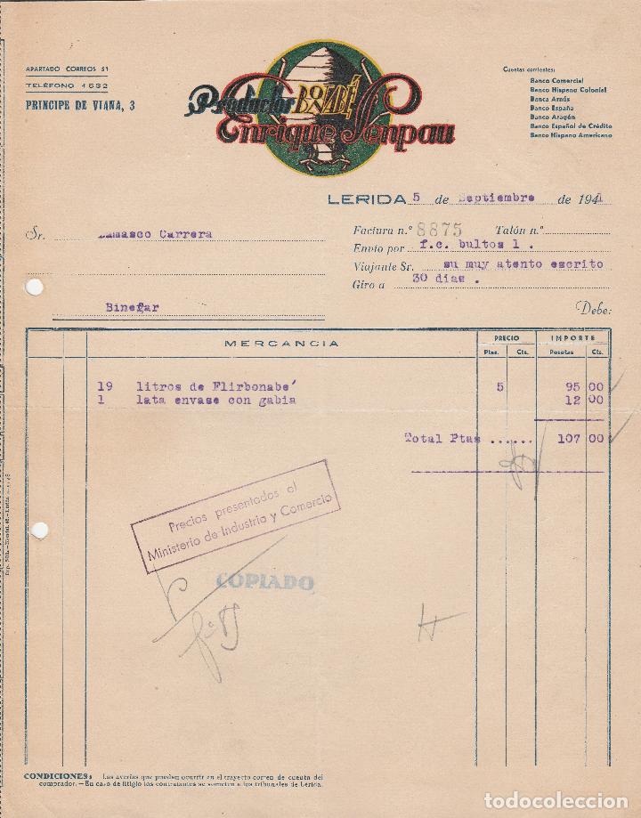 Factures anciennes: FACTURA. PRODUCTOS BONAB&Eacute;. ENRIQUE SENPAU.  L&Eacute;RIDA. 1941.