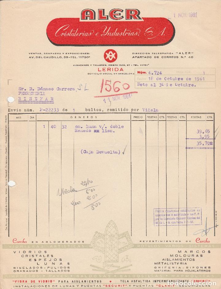 Factures anciennes: FACTURA. ALER. CRISTALERIAS E INDUSTRIAS. S.A. L&Eacute;RIDA. 1961.