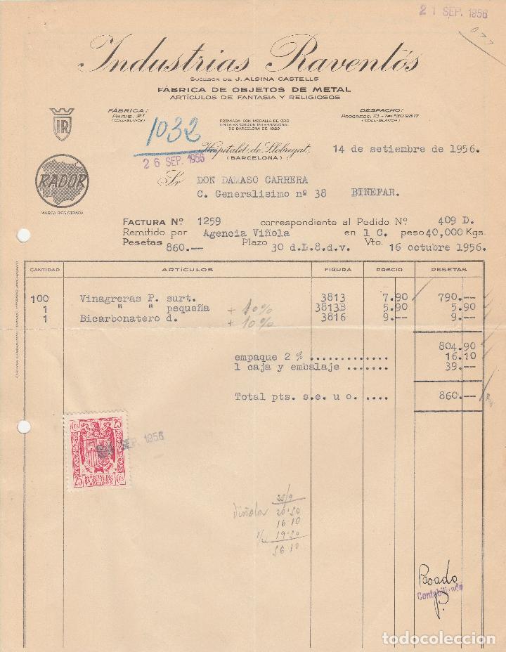 Factures anciennes: FACTURA. INDUSTRIAS RAVENT&Oacute;S. ART&Iacute;CULOS DE FANTASIA Y RELIGIOSOS. HOSPITALET DE LLOBREGAT. 1956.
