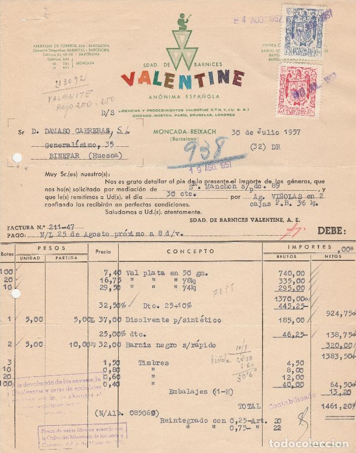 Factures anciennes: FACTURA. VALENTINE. SDA. DE BARNICES AN&Oacute;NIMA ESPA&Ntilde;OLA. MONCADA-REIXACH-BARCELONA. 1957.