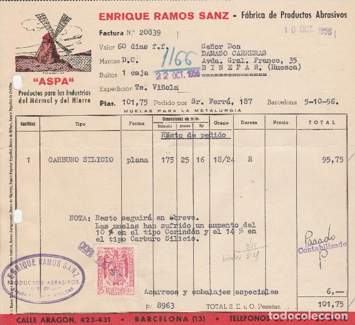 Factures anciennes: FACTURA. ENRIQUE RAMOS SANZ. F&Aacute;BRICA DE PRODUCTOS ABRASIVOS. BARCELONA. 1956.