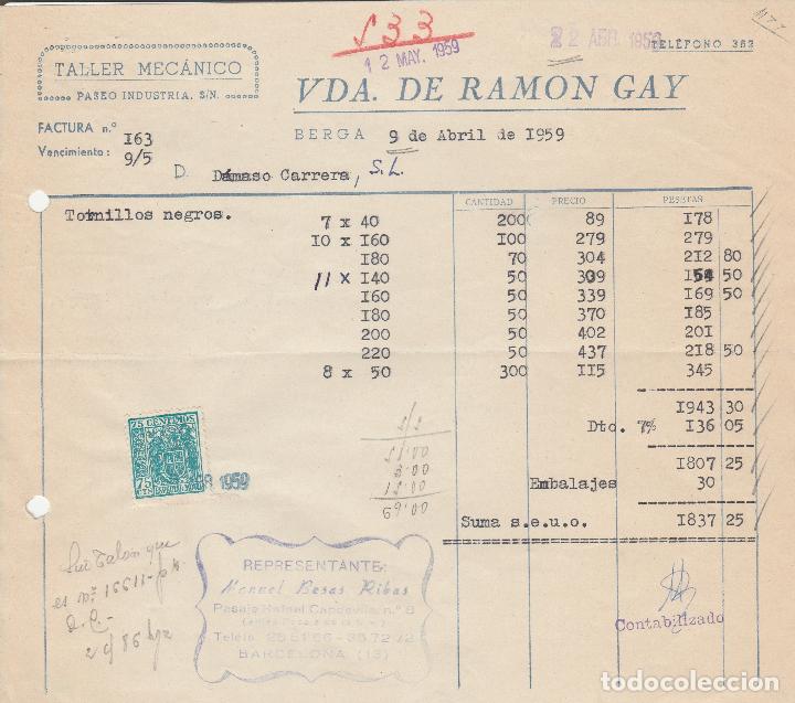 Factures anciennes: FACTURA. VDA. DE RAMON GAY. TALLER MEC&Aacute;NICO.   BERGA. 1959.
