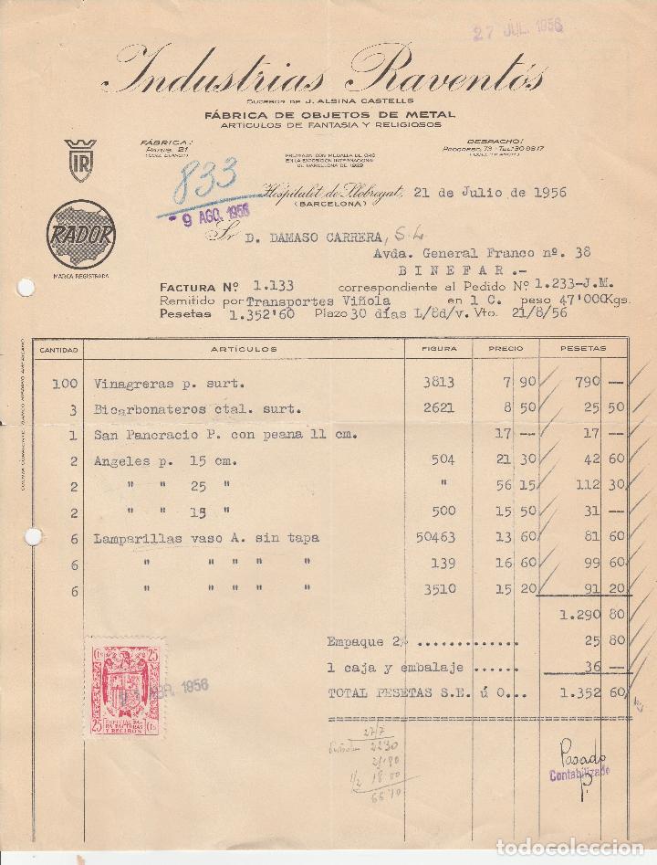 Factures anciennes: FACTURA. INDUSTRIAS RAVENT&Oacute;S. ART&Iacute;CULOS DE FANTASIA Y RELIGIOSOS. HOSPITALET DE LLOBREGAT. 1956.