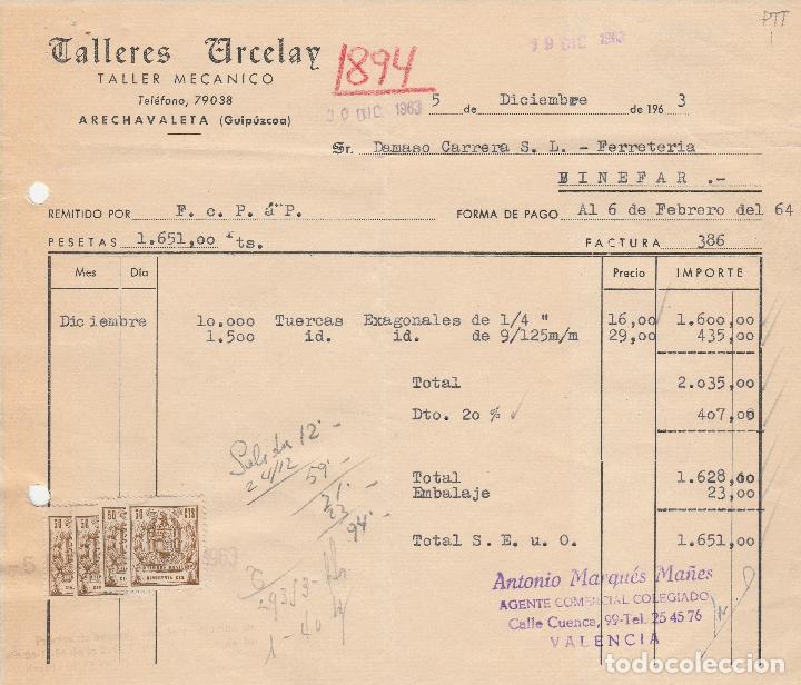Factures anciennes: FACTURA. TALLERES ARCELAY. TALLER MEC&Aacute;NICO. ARECHAVALETA. GUIPUZCOA. 1963.