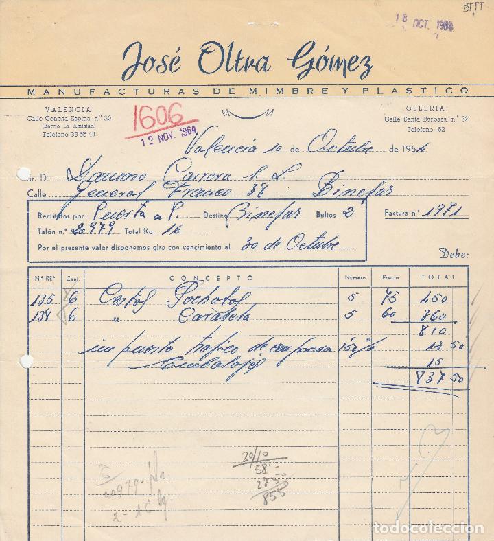 Factures anciennes: FACTURA. JOS&Eacute; OLTUA G&Oacute;MEZ. MANUFACTURAS DE MIMBRE Y PL&Aacute;STICO. VALENCIA. 1964.