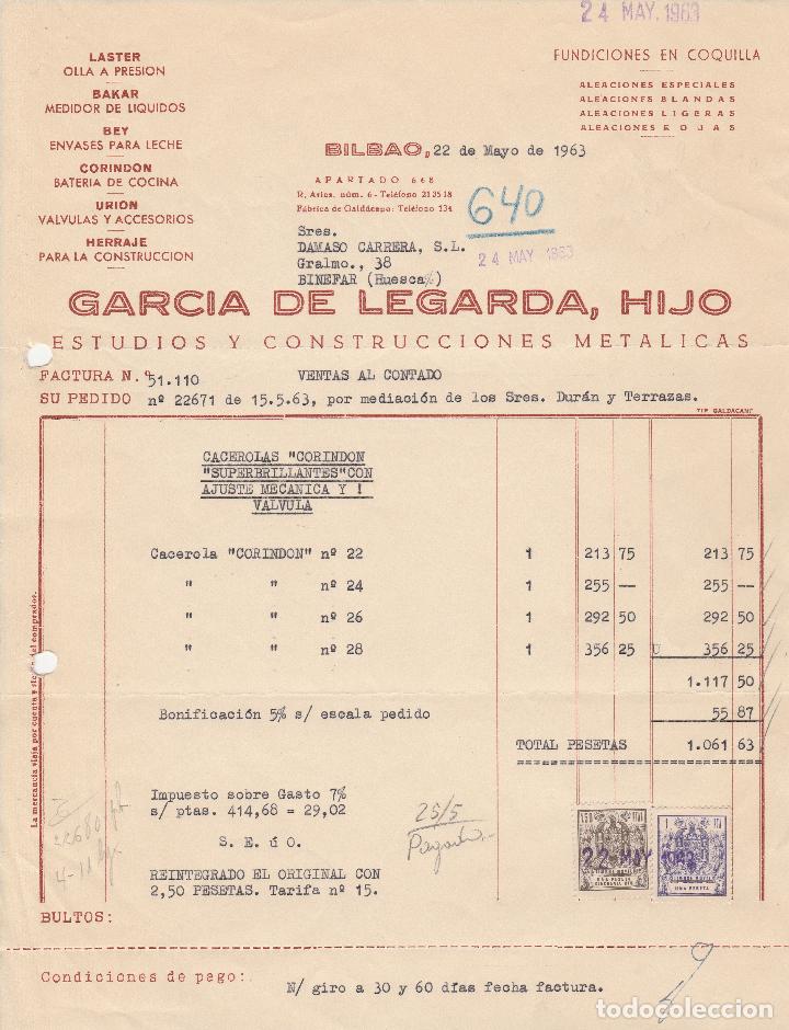 Factures anciennes: FACTURA. GARCIA DE LEGARDA, HIJO. ESTUDIOS Y CONSTRUCCIONES MET&Aacute;LICAS. BILBAO. 1963.