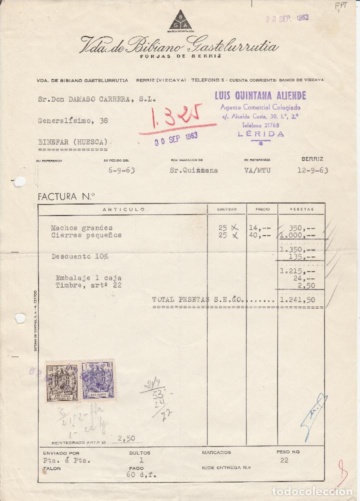 Factures anciennes: FACTURA. VDA. DE BIBIANO GASTELURRUTIA.  FORJAS DE BERRIZ.  BERRIZ-VIZCAYA. 1963.