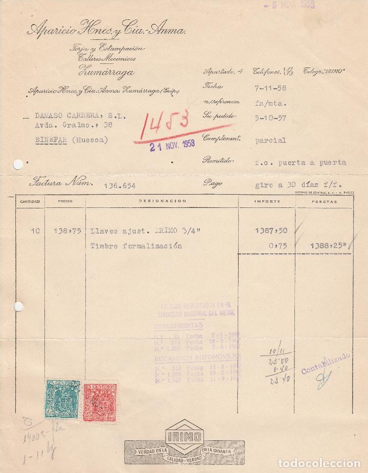 Factures anciennes: FACTURA. APARICIO HNOS. Y CIA.-ANMA. FORJA Y ESTAMPACI&Oacute;N. ZUM&Aacute;RRAGA-GUIPUZCOA. 1958.