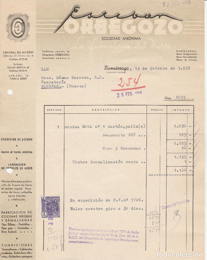 Factures anciennes: FACTURA. ESTEBAN ORBEGOZO, S.A. LA FUMISTERIA DEL NORTE. ZUM&Aacute;RRAGA-GUIPUZCOA. 1958.