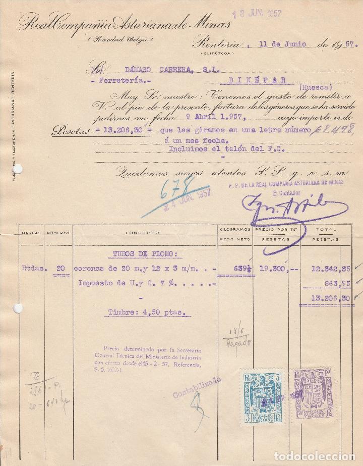 Factures anciennes: FACTURA. REAL COMPA&Ntilde;&Iacute;A ASTURIANA DE MINAS, SOCIEDAD BELGA.  RENTERIA-GUIPUZCOA. 1957.