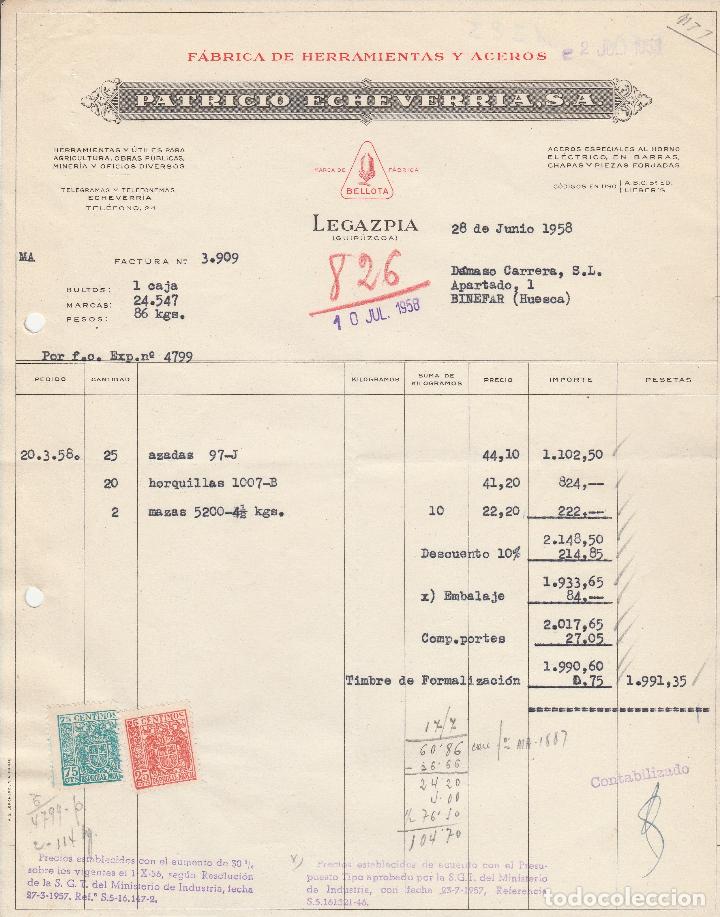 Factures anciennes: FACTURA. PATRICIO ECHEVARRIA, S.A. FABRICA DE HERRAMIENTAS Y ACEROS. LEGAZPIA-GUIPUZCOA. 1958.
