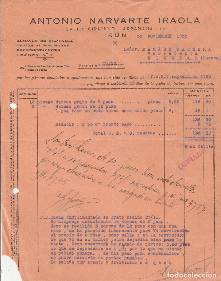 Factures anciennes: FACTURA. ANTONIO NARVARTE IRAOLA. ALMAC&Eacute;N DE QUINCALLA.  IR&Uacute;N . 1935.