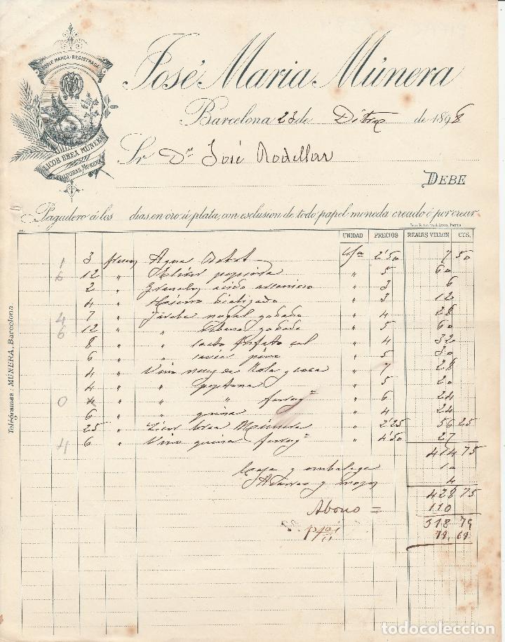Factures anciennes: FACTURA. JOS&Eacute; MARIA M&Uacute;NERA. LICOR BREA M&Uacute;NERA. PILDORAS M&Uacute;NERA. BARCELONA. 1898.