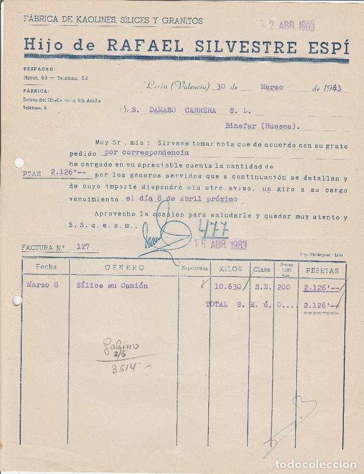 Factures anciennes: FACTURA. HIJO DE RAFAEL SILVESTRE ESPI. F&Aacute;BRICA DE KAOLINES, SILICES Y GRANITOS. LIRIA-VALENCIA.1963