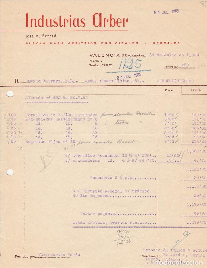 Factures anciennes: FACTURA. INDUSTRIAS ARBER. PLACAS PARA ARBITRIOS MUNICIPALES. VALENCIA. 1965.