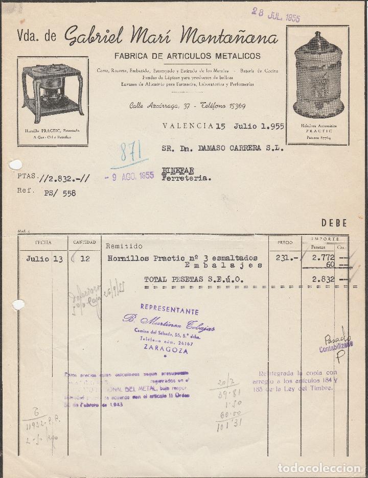 Factures anciennes: FACTURA. VDA. DE GABRIEL MARI MONTA&Ntilde;ANA. FABRICA DE ARTICULOS MET&Aacute;LICOS. VALENCIA. 1955.