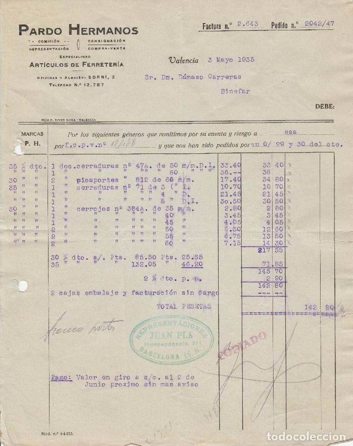 Factures anciennes: FACTURA. PARDO HERMANOS. ART&Iacute;CULOS DE FERRETER&Iacute;A. VALENCIA. 1935.