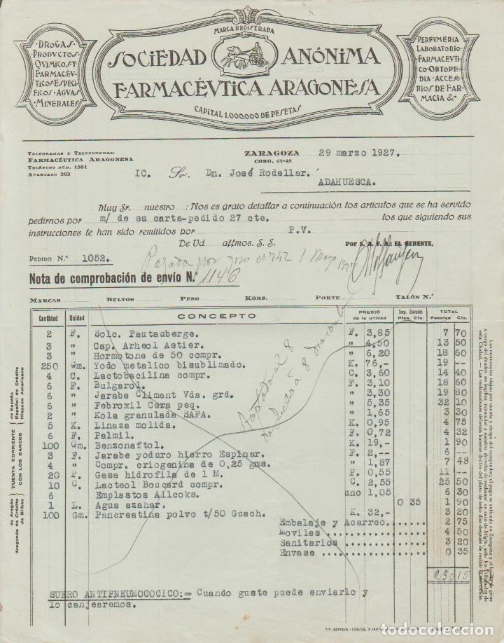 Factures anciennes: FACTURA. SOCIEDAD AN&Oacute;NIMA FARMAC&Eacute;UTICA ARAGONESA. ZARAGOZA. 1927.