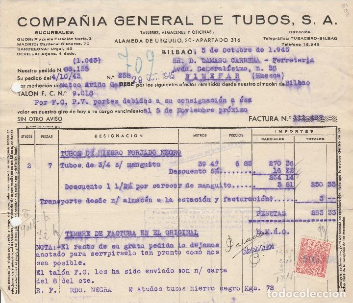Alte Rechnungen: FACTURA. COMPA&Ntilde;IA GENERAL DE TUBOS, S.A. BILBAO. 1945.
