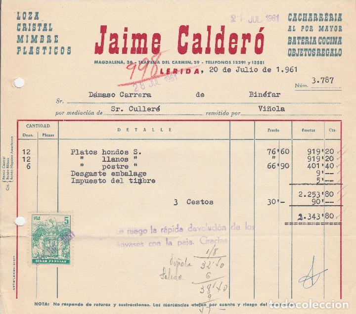 Alte Rechnungen: FACTURA. JAIME CALDER&Oacute;. LOZA, CHISTAL, MIMBRE, PL&Aacute;STICOS. L&Eacute;RIDA. 1961.
