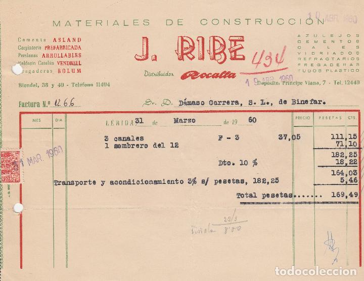 Alte Rechnungen: FACTURA. J.RIBE. MATERIALES DE CONSTRUCCI&Oacute;N. L&Eacute;RIDA.  1960.