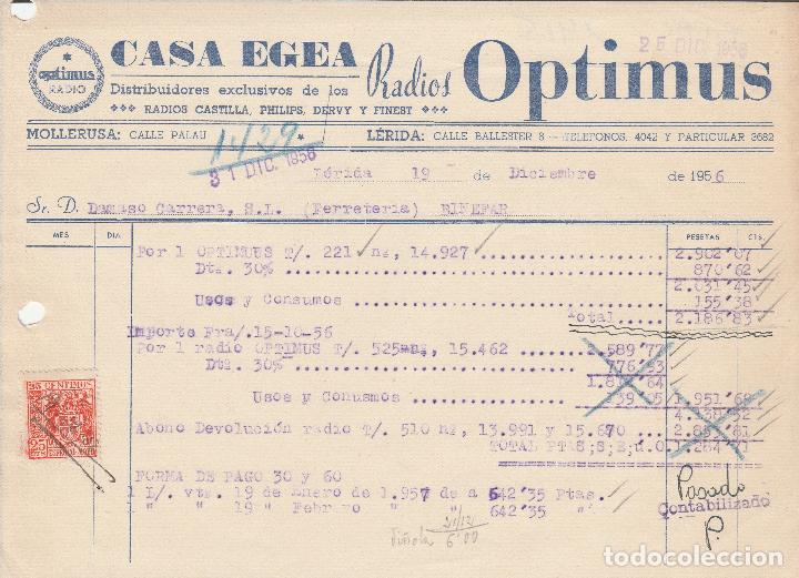 Alte Rechnungen: FACTURA. CASA EGEA. RADIOS OPTIMUS. L&Eacute;RIDA. 1956.