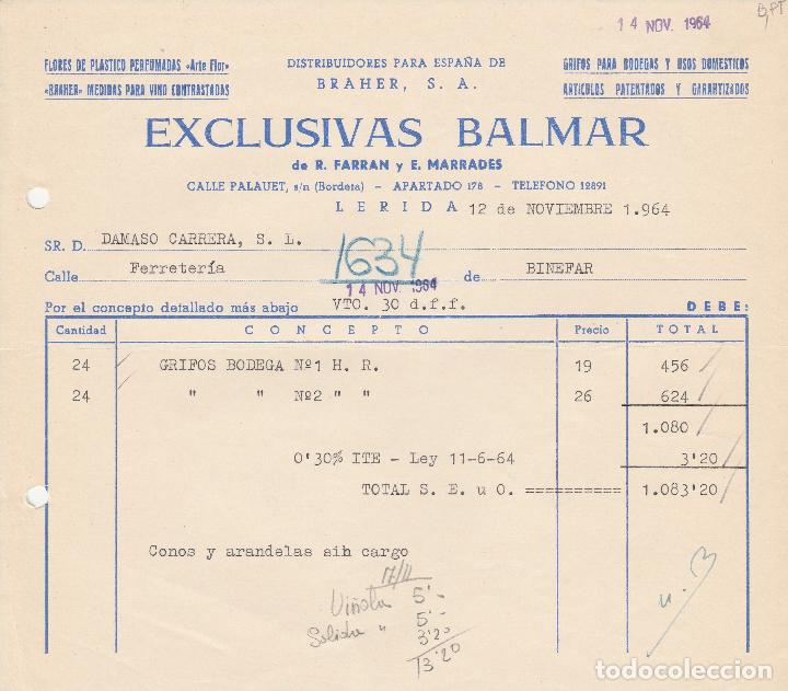 Alte Rechnungen: FACTURA. EXCLUSIVAS BALMAR. DE R. FARRAN Y E. MARRADES. L&Eacute;RIDA. 1964.