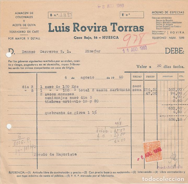 Alte Rechnungen: FACTURA. LUIS ROVIRA TORRAS. ALMAC&Eacute;N DE COLONIALES Y ACEITE DE OLIVA. HUESCA. 1960