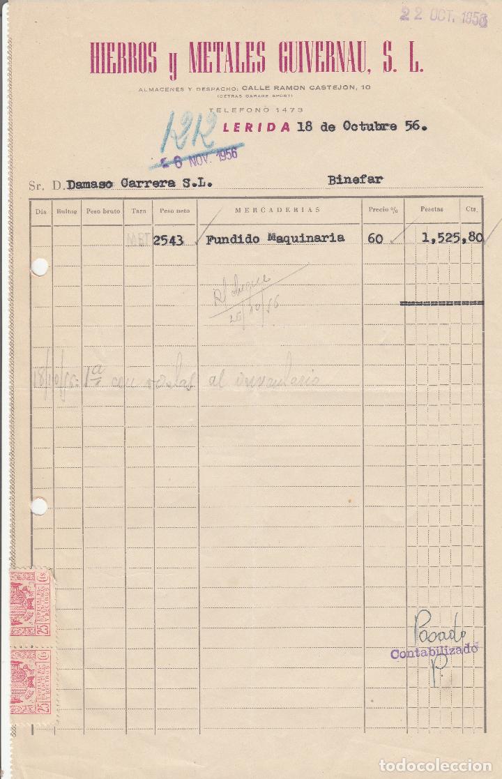 Alte Rechnungen: FACTURA. HIERROS Y METALES GUIVERNAU. S.L. L&Eacute;RIDA. 1956.