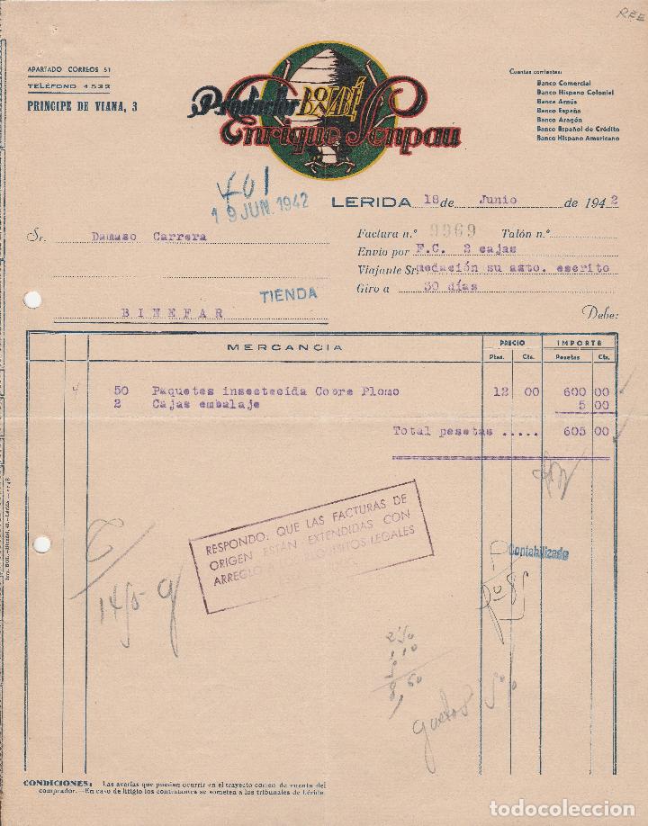 Alte Rechnungen: FACTURA. PRODUCTOS BONAB&Eacute;. ENRIQUE SENPAU.  L&Eacute;RIDA. 1942.