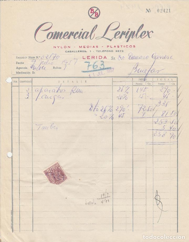 Alte Rechnungen: FACTURA. COMERCIAL LERIPLEX.  NYL&Oacute;N - MEDIAS - PL&Aacute;STICOS. L&Eacute;RIDA. 1957.