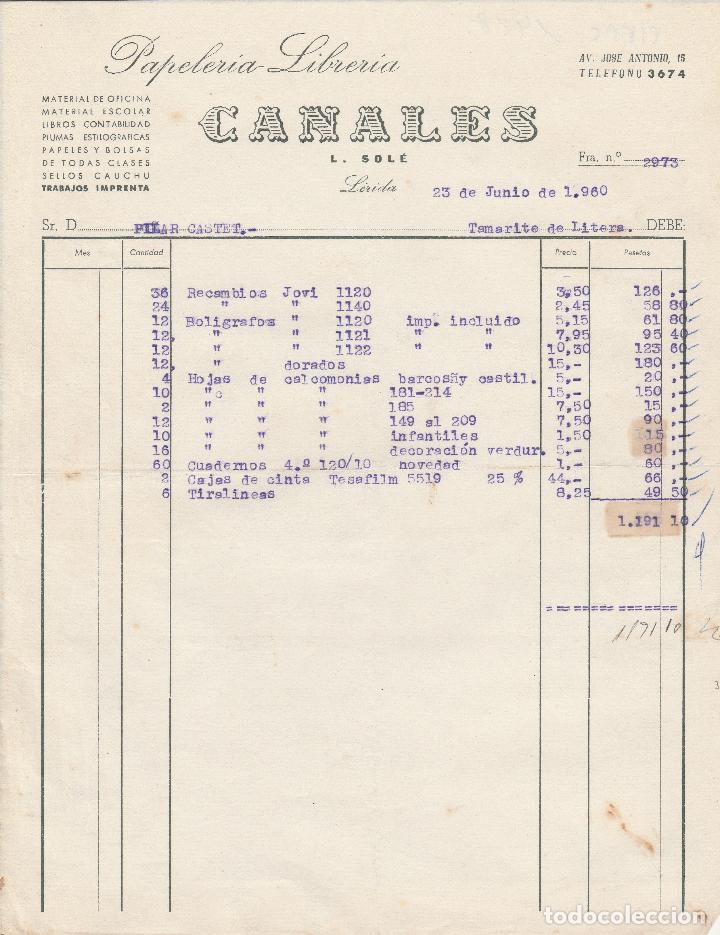 Alte Rechnungen: FACTURA. PAPELER&Iacute;A LIBRER&Iacute;A CANALES. L&Eacute;RIDA. 1960.