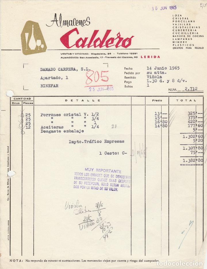 Alte Rechnungen: FACTURA. ALMACENES CALDERO. LOZA,CRISTAL,PORCELANA. L&Eacute;RIDA. 1965.