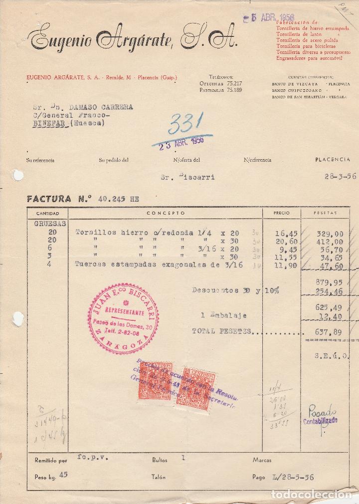 Alte Rechnungen: FACTURA. EUGENIO ARG&Aacute;RATE, S.A. TORNILLERIA DE HIERRO. PLACENCIA. 1956.