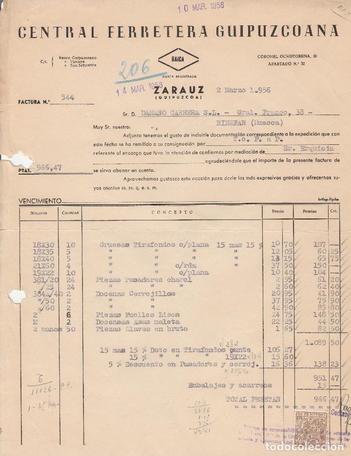 Alte Rechnungen: FACTURA. CENTRAL FERRETERA GUIPUZCOANA. ZARAUZ-GUIPUZCOA. 1956.
