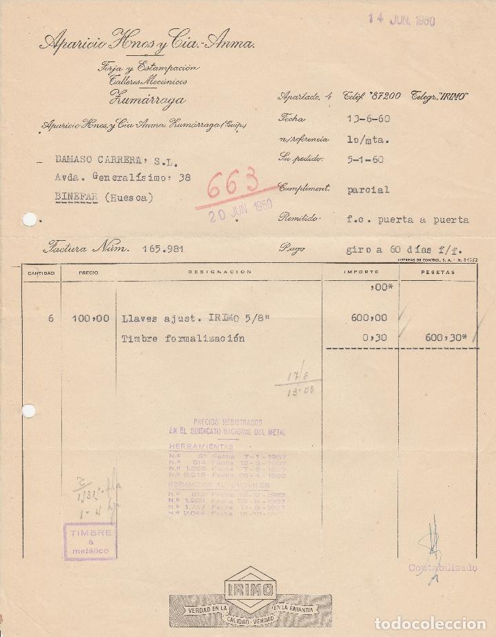 Alte Rechnungen: FACTURA. APARICIO HNOS. Y CIA.-ANMA. FORJA Y ESTAMPACI&Oacute;N. ZUM&Aacute;RRAGA-GUIPUZCOA. 1960.