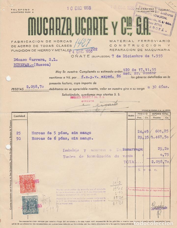 Alte Rechnungen: FACTURA. MUGARZA, UGARTE Y CIA,S.A. FABRICACI&Oacute;N DE HORCAS.MATERIAL FERROVIARIO. O&Ntilde;ATE-GUIPUZCOA.1955