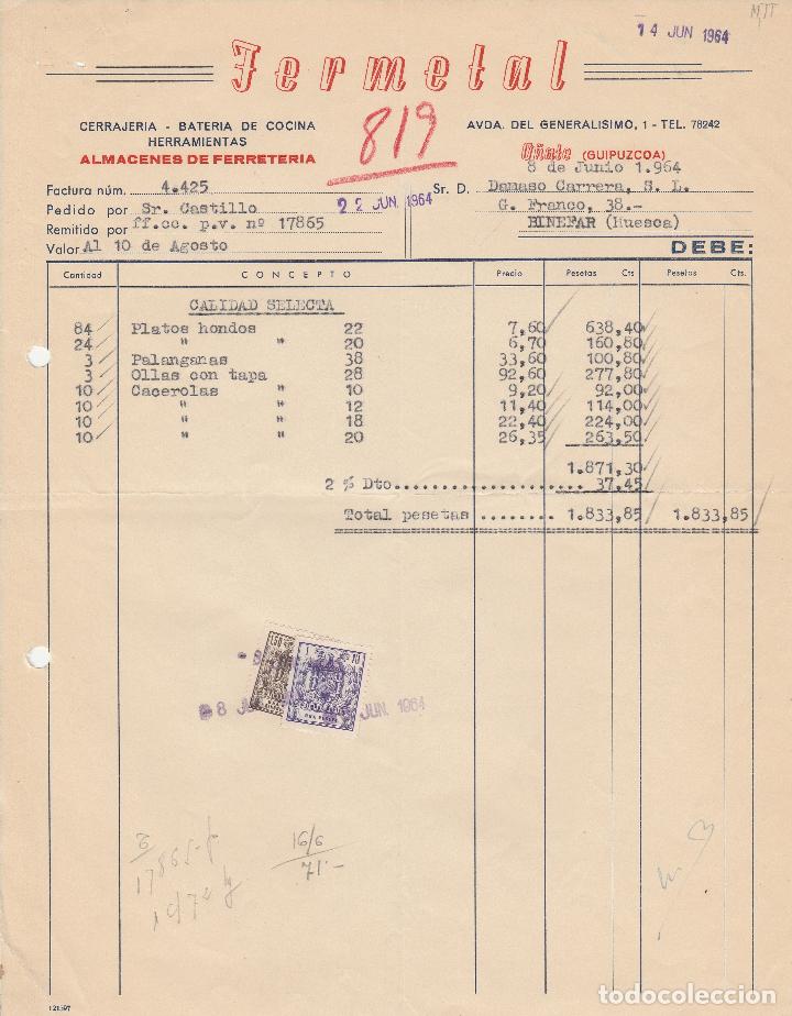 Alte Rechnungen: FACTURA. FERMETAL. CERRAJER&Iacute;A. BATER&Iacute;A DE COCINA. O&Ntilde;ATE-GUIPUZCOA. 1964.