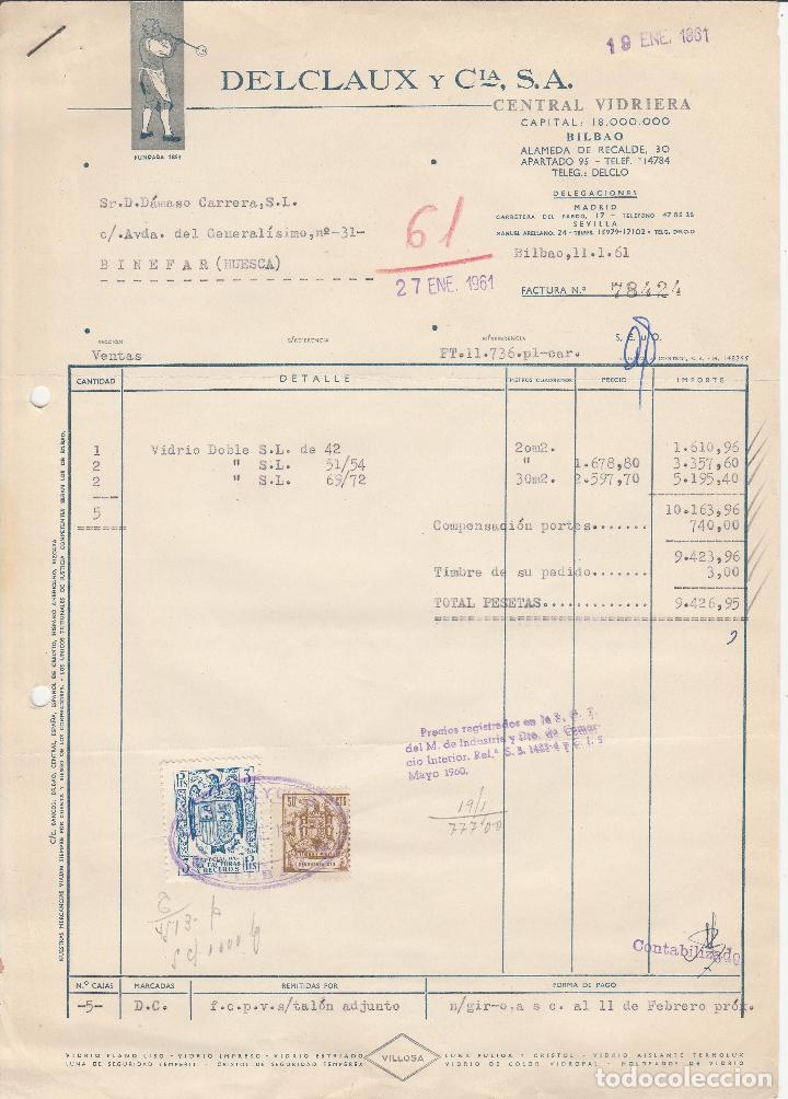 Alte Rechnungen: FACTURA. DELCLAUX Y CIA. S.A. CENTRAL VIDRIERA.  BILBAO. 1961.