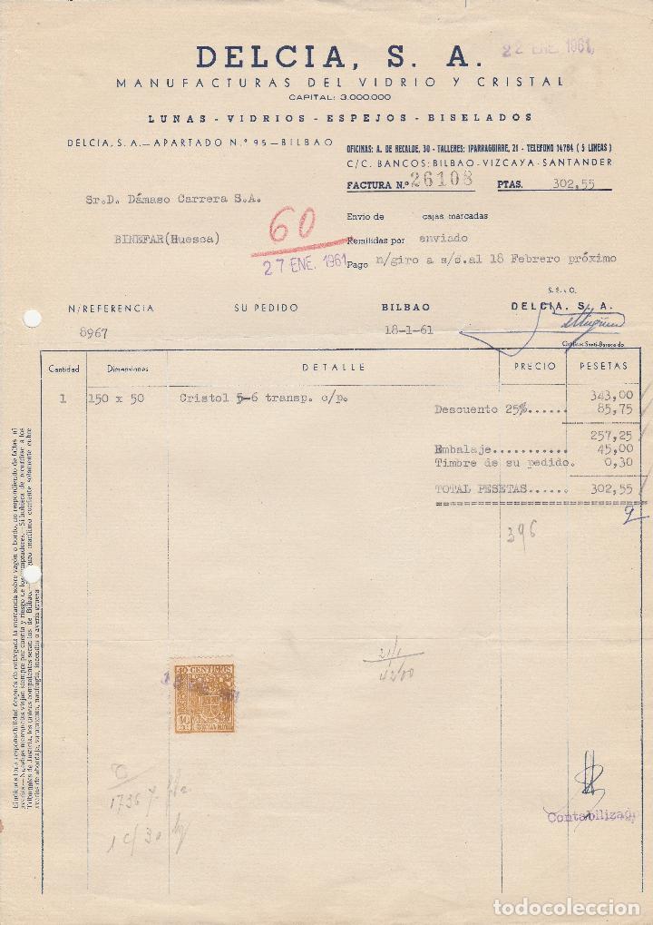 Fatture antiche: FACTURA. DELCIA, S.A. MANUFACTURAS DEL VIDRIO Y CRISTAL. BILBAO. 1961.
