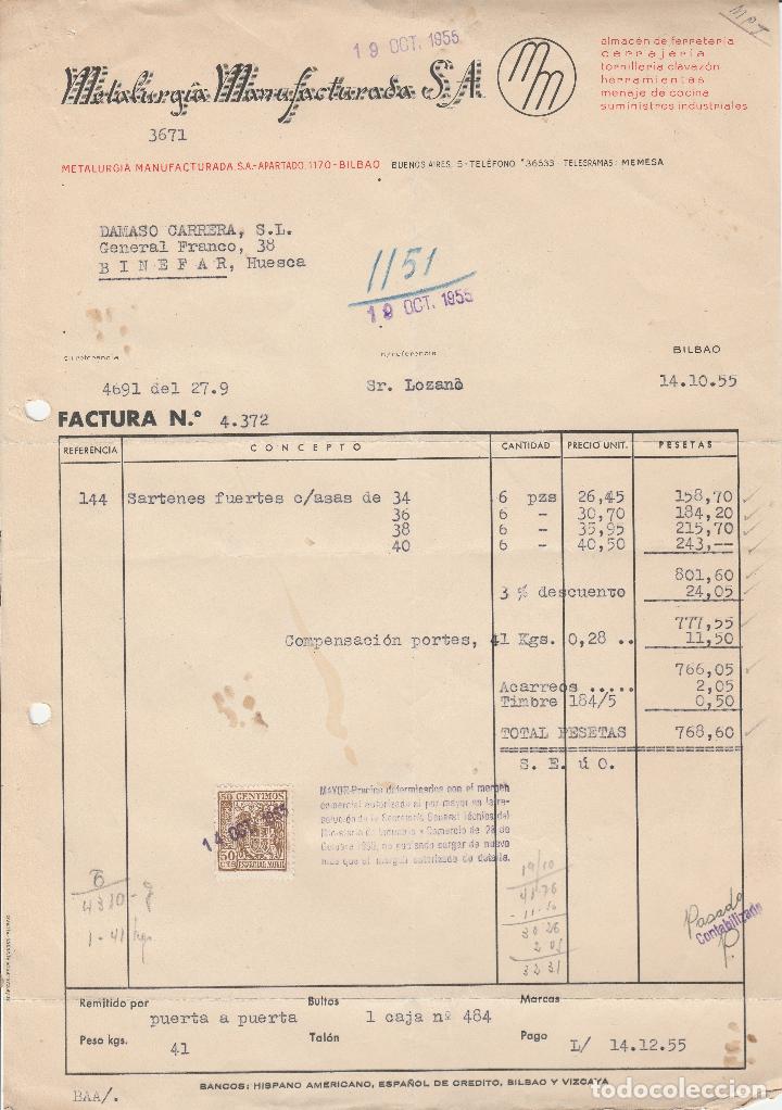Fatture antiche: FACTURA. METAL&Uacute;RGIA MANUFACTURADAS, S.A.  BILBAO. 1955.