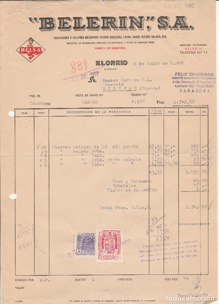 Fatture antiche: FACTURA. BELERIN S.A. FUNDICIONES Y TALLERES MEC&Aacute;NICOS. ELORRIO-VIZCAYA. 1960.