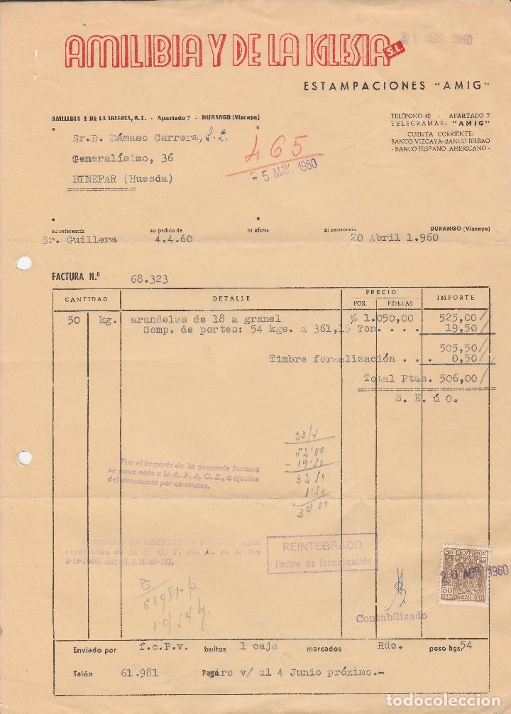 Fatture antiche: FACTURA. AMILIBIA Y DE LA IGLESIA S.L. ESTAMPACIONES A M I G. DURANGO-VIZCAYA. 1960.