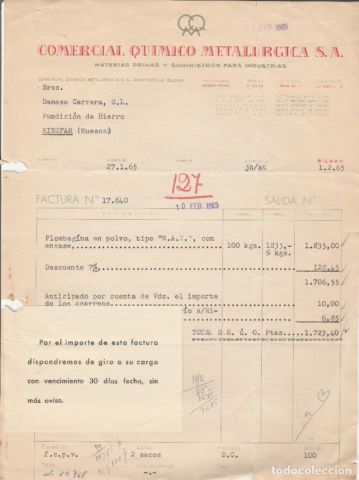Fatture antiche: FACTURA. COMERCIAL QUIMICO METALURGICA S.A. MATERIAS PRIMAS Y SUMINISTROS INDUSTRIAS. BILBAO. 1965.