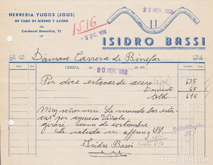 Fatture antiche: FACTURA. ISIDRO BASSI. HERRERIA YUGOS DE TUBO DE HIERRO Y ACERO. LERIDA. 1958.