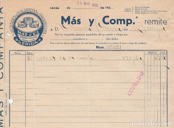Fatture antiche: FACTURA. M&Aacute;S Y COMP.  ALMAC&Eacute;N DE SALAZONES Y COLONIALES. L&Eacute;RIDA. 1935.