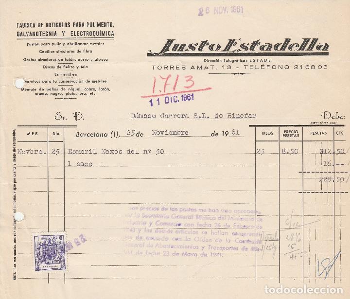 Fatture antiche: FACTURA. JUSTO ESTADELLA. F&Aacute;BRICA DE ARTICULOS PARA PULIMENTO. GALVANOTECNIA . BARCELONA. 1961.