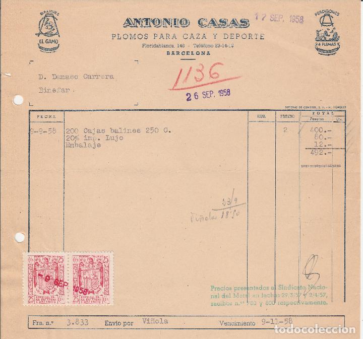 Fatture antiche: FACTURA. ANTONIO CASAS. PLOMOS PARA CAZA Y DEPORTE. BARCELONA. 1958.