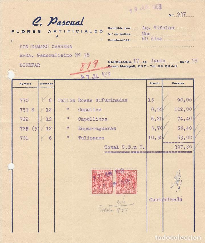 Factures anciennes: FACTURA. C. PASCUAL. FLORES ARTIFICIALES. BARCELONA. 1959.